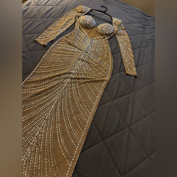 Fashion Nova Sheer Bedazzled Long Sleeve Gown Caught Your Attention Embellished - Picture 4 of 16